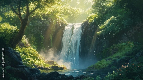 Lush waterfall cascading down rocky, green hillside. Sunlight filters through vibrant foliage