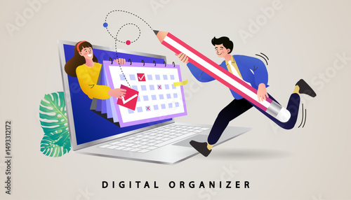 man holding pencil near calendar. Businesswoman planning their schedule. time management, productivity and organization. Female character writes affairs down to planner. vector