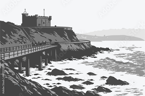  cinematic, dramatic, moody, black and white, long exposure, rocky coastline, partially submerged jetty, offshore fortress, coastal defense structure, gloomy overcast sky, atmospheric, peaceful, ser