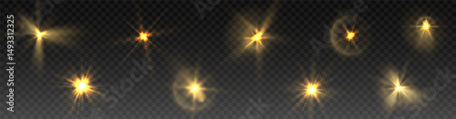 Transparent PNG lens flare with golden shimmer and magical sparkle explosion isolated on bright background with vibrant glow vector beam starry light star glare shine illumination effect

