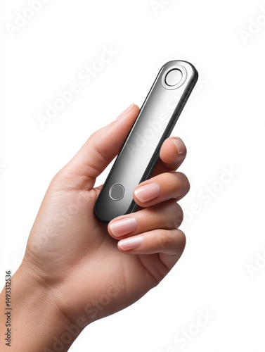 A person holding a sleek, modern device in their hand against a clean, white background