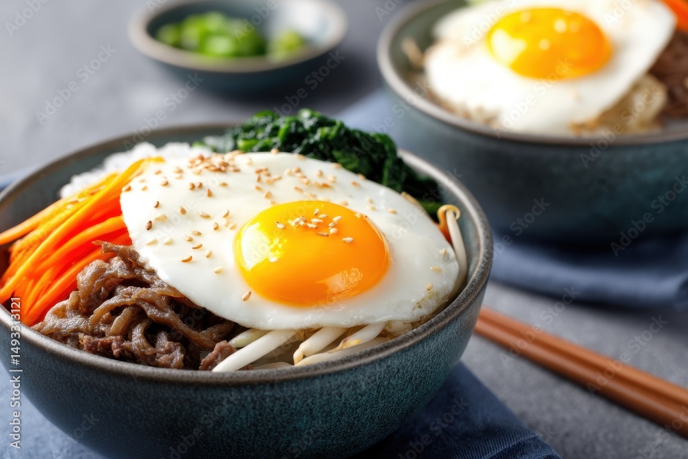 Gluten free homemade food colorful. Homemade Gluten-Free Korean Bibimbap Bowl with Fresh Vegetables and Fried Egg for Healthy Eating Gluten free homemade food colorful. Homemade Gluten-Free Korean Bibimbap Bowl with Fresh Vegetables and Fried Egg for Healthy Eating