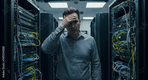 stressed,  worried,  concerned, Stressed IT Specialist in Server Room