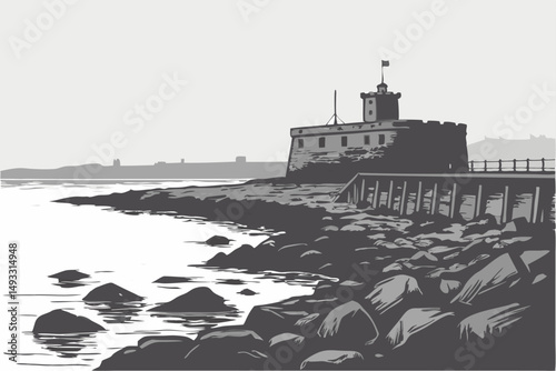  cinematic, dramatic, moody, black and white, long exposure, rocky coastline, partially submerged jetty, offshore fortress, coastal defense structure, gloomy overcast sky, atmospheric, peaceful, ser