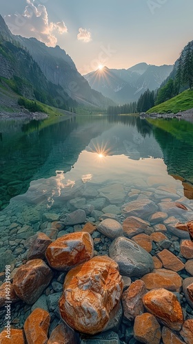 Serene Mountain Lake at Sunrise Crystal Clear Water and Rocky Shore