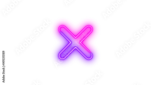 Neon x mark icon glowing with transparent background