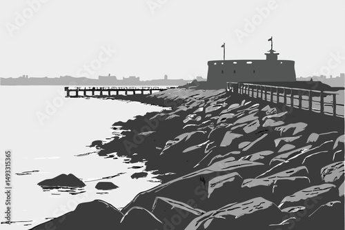  cinematic, dramatic, moody, black and white, long exposure, rocky coastline, partially submerged jetty, offshore fortress, coastal defense structure, gloomy overcast sky, atmospheric, peaceful, ser