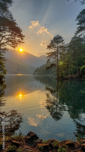 Serene Sunset over Mountain Lake with Pine Trees Reflection