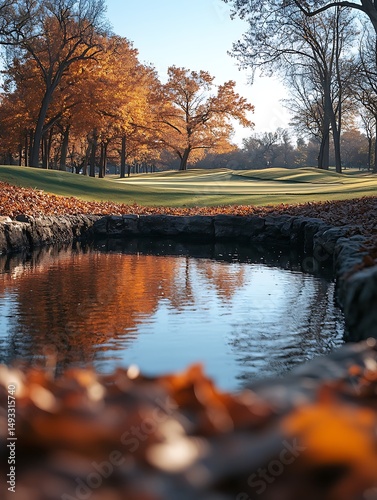 Autumnal golf course pond reflection