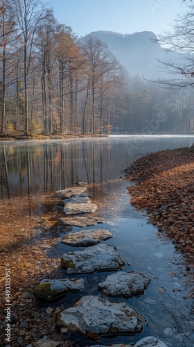 Serene Autumn Lake Landscape Stepping Stones Path to Tranquility