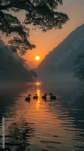 Serene Sunrise Ducks on a Misty Lake in Mountain Valley