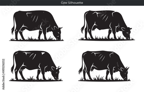 Silhouetted cows grazing on grass in a minimalist black and white graphic design