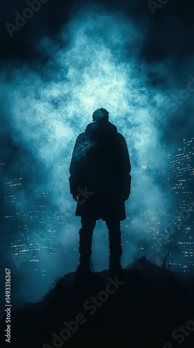 Silhouette of Man Standing on Hilltop, Mysterious Blue Fog, City Lights