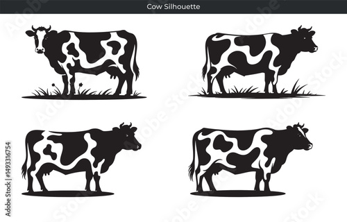 Set of four black and white cow silhouettes in different poses on a white background