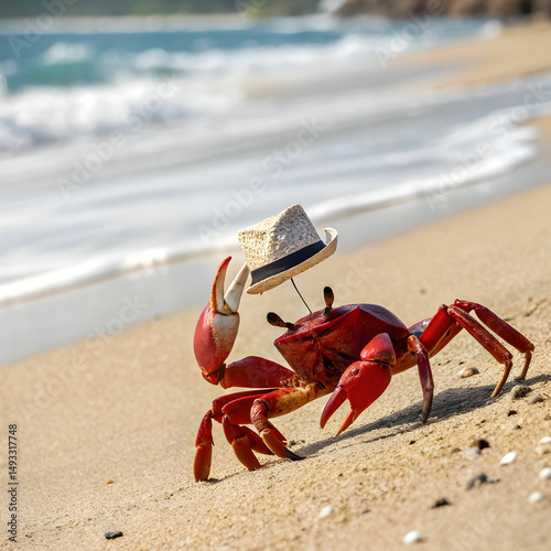 a red crab wearing a hat