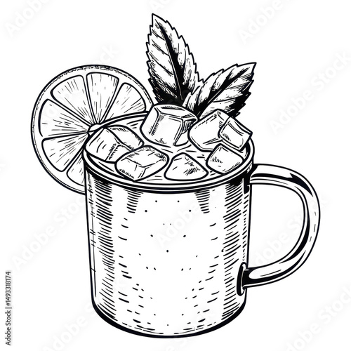 Hand-drawn Moscow mule cocktail with lime and mint leaves  