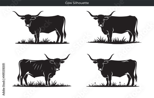 Collection of black cow silhouettes with long horns grazing on green grass on white background