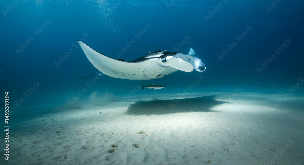 Fototapeta premium manta ray, manta, ray, Majestic Manta Ray Soaring Over Sandy Ocean Floor