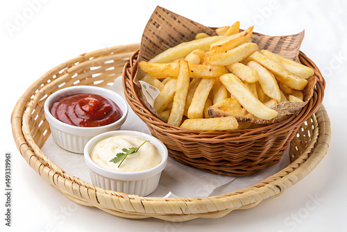 French fries with sauce on a round basket  white Background Ai generate.