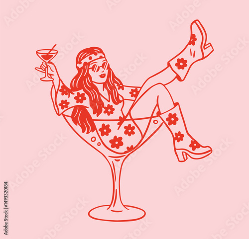 Hippie retro girl in martini glass celebration icon. Retro boots.