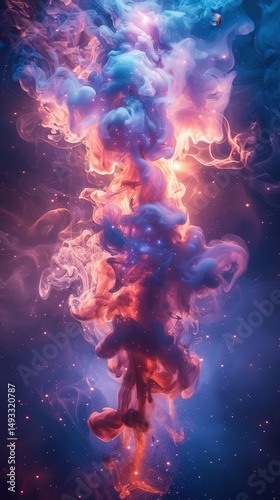 Abstract Cosmic Nebula Vibrant Pink, Blue, and Orange Ink Swirls in Dark Space