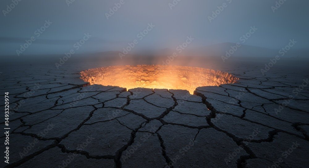 Fototapeta premium Fire pit in dry cracked earth landscape