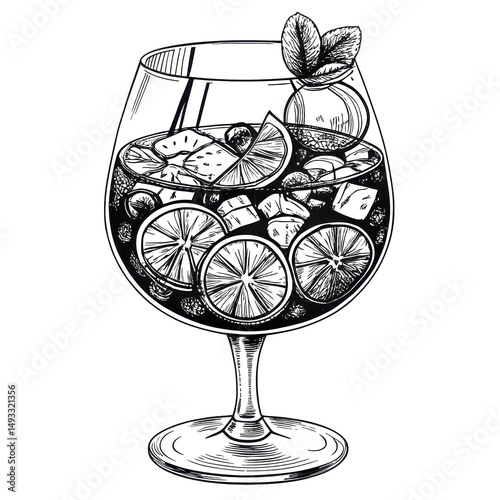 Black and white illustration of a sangria glass with fruit slices  