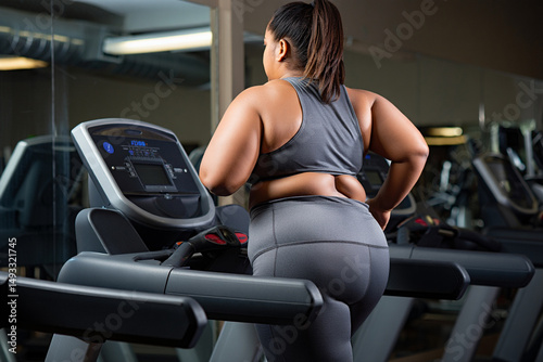 Fat woman exercising on a treadmill in a gym, wearing a grey sports bra and leggings.
