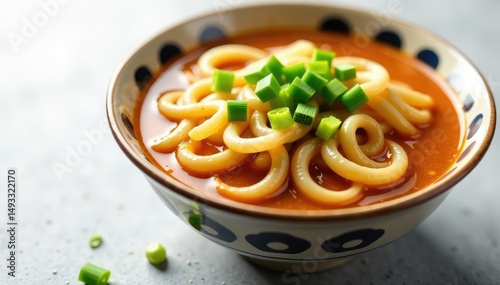 Bowl of ramen noodles, garnished with spring onions, white, isolated