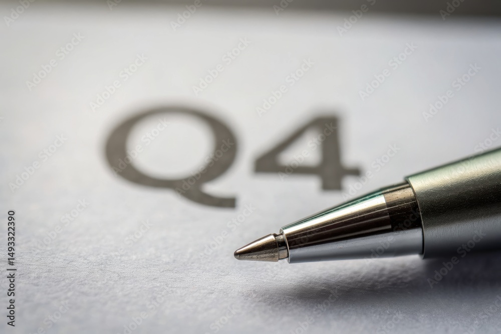 Fototapeta premium Close-up of a silver pen resting on a sheet of paper with the letter Q4. Concept of GDP and Income Forecast.