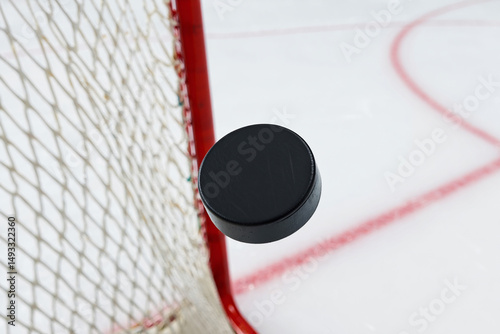 Wallpaper Mural Close-up of a hockey puck flying into a goal on an ice rink. Torontodigital.ca
