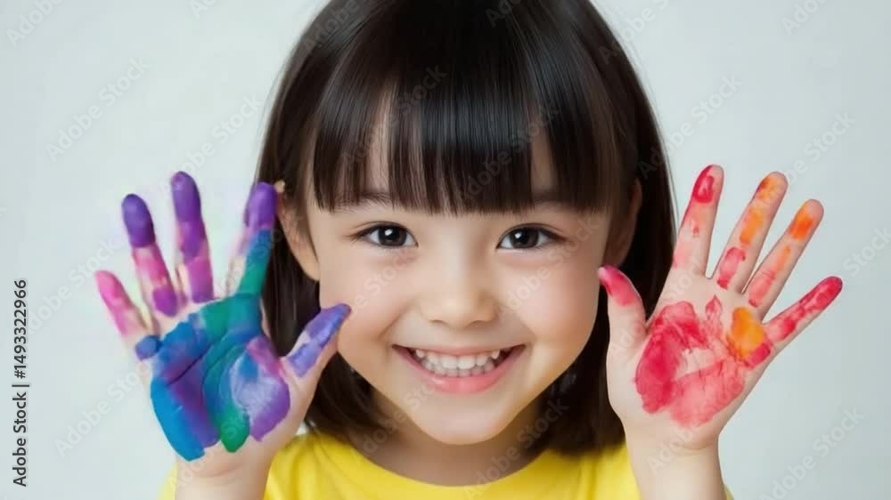 Joyful artful child: A charming little girl with vibrant, multi-colored painted hands. She displays a wide, toothy grin, exuding creativity and happiness. Captures innocence and artistic spirit.