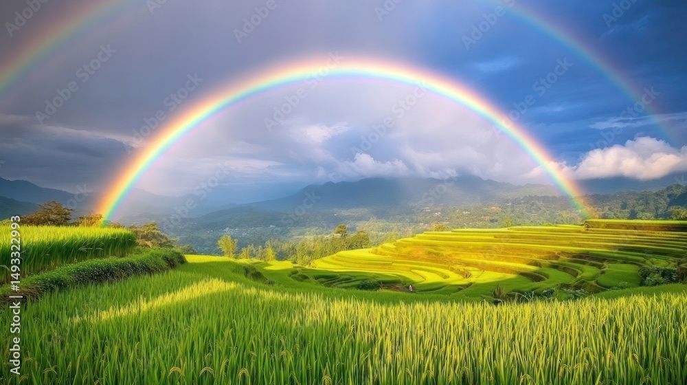 Obraz premium Stunning Rainbow over Terraced Rice Paddies