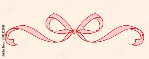 Elegant minimalist hand-drawn pink bow divider. Flirty vintage style. Line art element for invitations, cards, banners, feminine branding with a soft coquette aesthetic