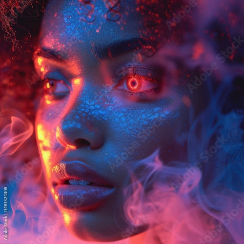 Enigmatic Woman in Neon Light and Smoke A Surreal Portrait