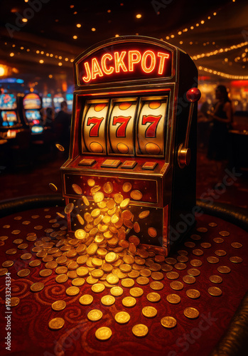 Golden coins pouring out of a slot machine showing 777 jackpot, in a casino setting