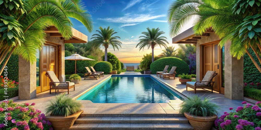 Fototapeta premium Stunning Pool Entrance Photography: Luxury Resort Swimming Pool Access, Backyard Oasis, Resort Pool Entryway, Hotel Swimming Pool Entrance Images