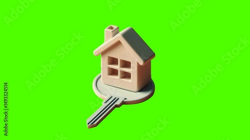 Loop video of the House keys and house model on alpha channel. Mortgage, investment, real estate, property and new home concept.