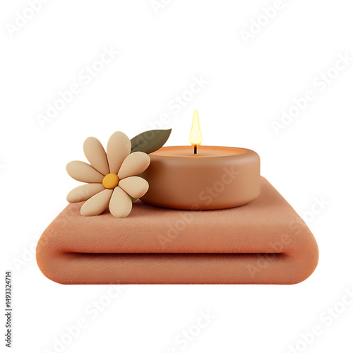 3D spa towel with candle and flower icon, relaxation and self-care concept, bright clay colors, plain background 