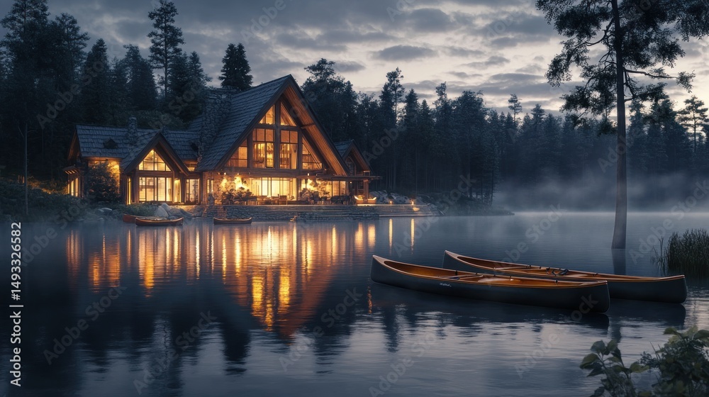 Obraz premium Cozy log cabin by a serene lake at twilight. Warm interior lights reflect on the water
