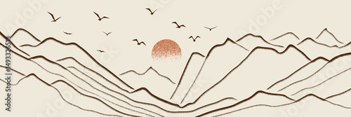 Mountain landscape in sepia tones, minimalism, imitation pencil drawing, stroke texture, imitation engraving, vector illustration