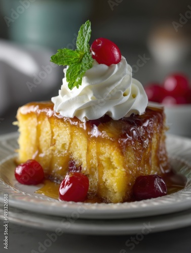 Pineapple upside down cake dessert with whipped cream and cherry garnish on a plate studio shot