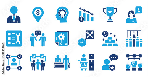Management and business icon set. Contains symbol of businessman, target, finance, lunchtime, success, hierarchy, data, reward, work, money, employee, task, shop, meeting, job. Vector illustration