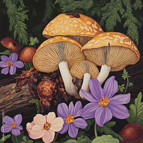 Vibrant Autumn Mushrooms Growing on a Forest Log with Delicate Purple and Pink Flowers