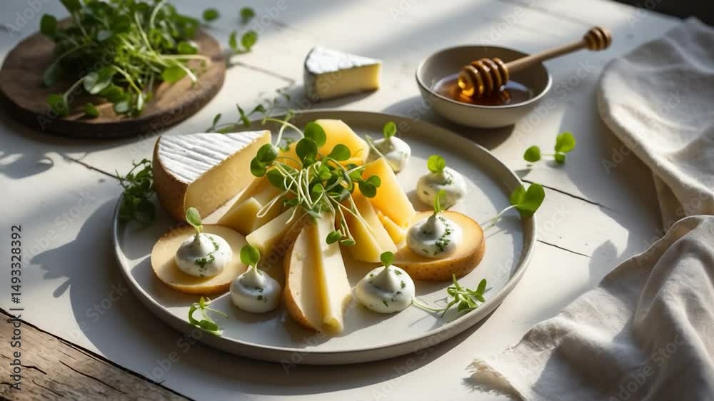A beautifully crafted cheese platter highlights a range of cheeses, a small container of honey, and fresh greens.