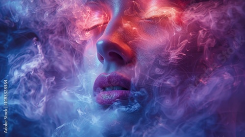 Ethereal Beauty Woman's Face Emerging from Vibrant Smoke Clouds