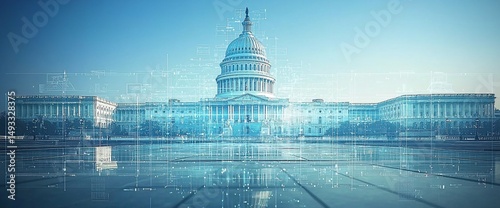 Majestic government building reflects in a clear plaza, overlaid with a subtle digital network
