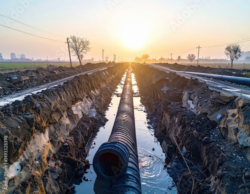Sunrise over construction site with layered pipes and earthworks