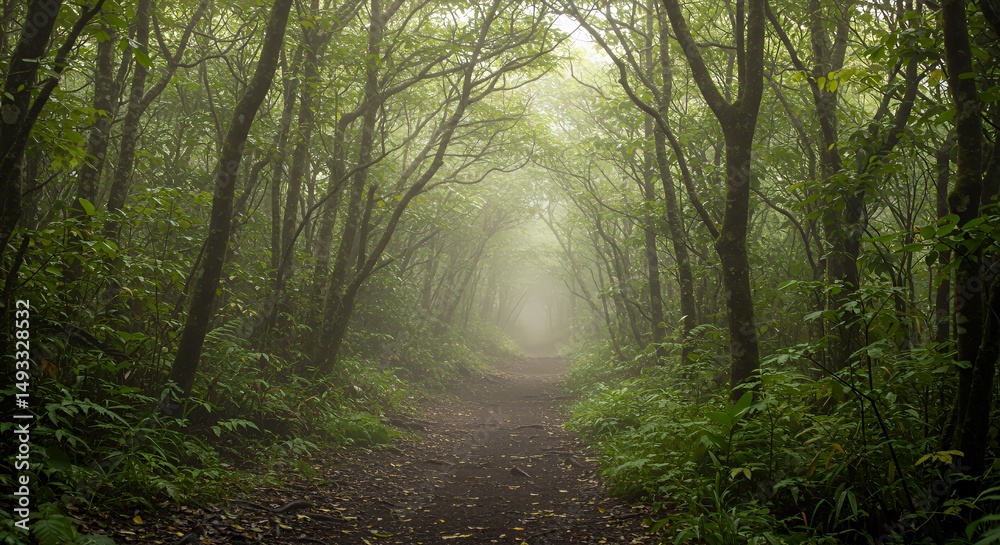 Fototapeta premium Forest Path Through Dense Trees in Fog