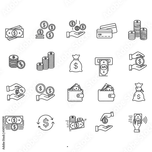 A collection of line art icons representing various financial and monetary concepts and transactions